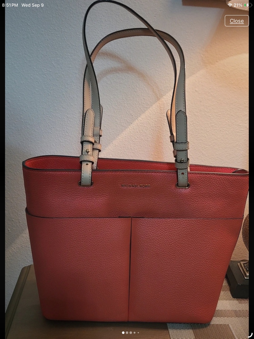 Michael Kors Pebbled Leather Tote in Burnt Orange with Beige Straps